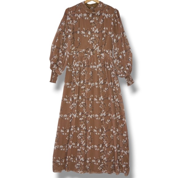 Hayat Dresses & Skirts - Brown Floral Chiffon Mock Neck Maxi Dress Women's S Long Sleeve Boho Cottage New